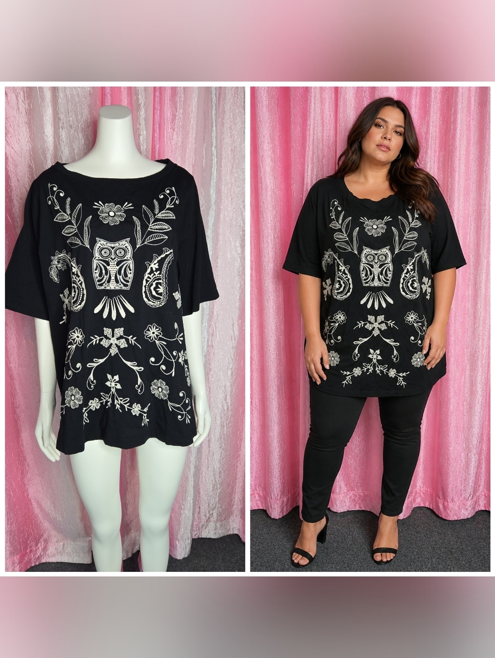 Johnny Was Black Floral Embroidered Owl 100% Cotton Artsy Top Size 2X